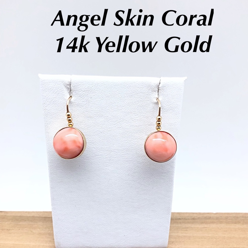 Angel Skin Coral 14k Gold Round Dangle Earrings